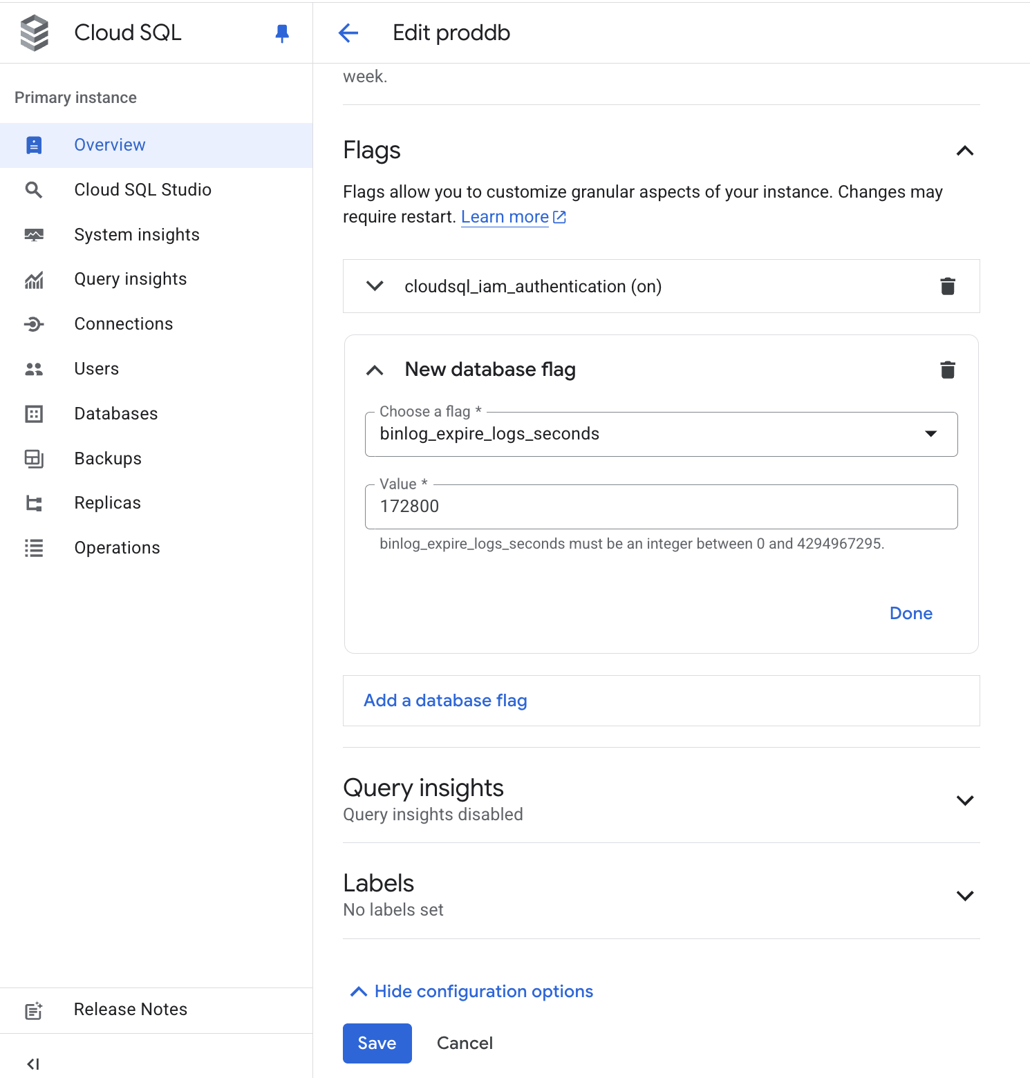 The form to set MySQL flags.