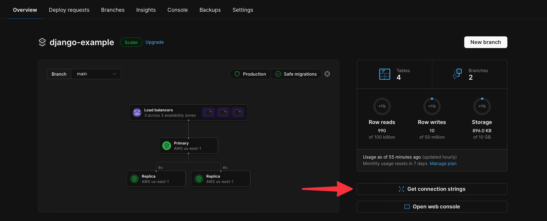 The location of the “Connect” button in the PlanetScale dashboard. priority