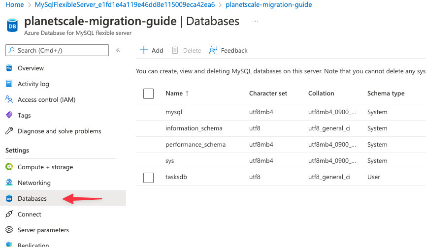 The databases tab of the Azure dashboard.