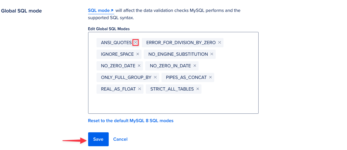 An example of removing the ANSI_QUOTES setting from the Global SQL mode settings. {priority}