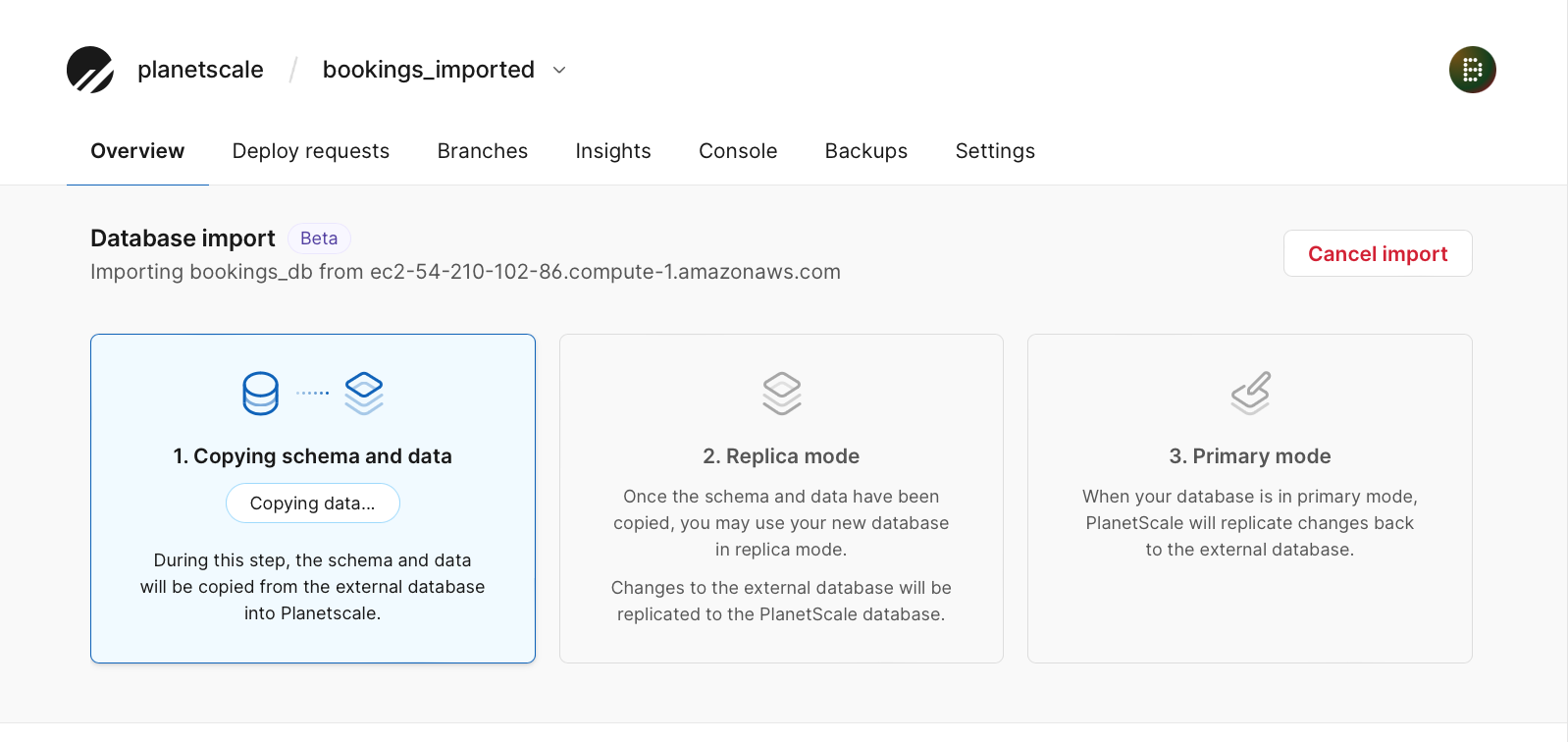 The database import view in the PlanetScale dashboard. {priority}