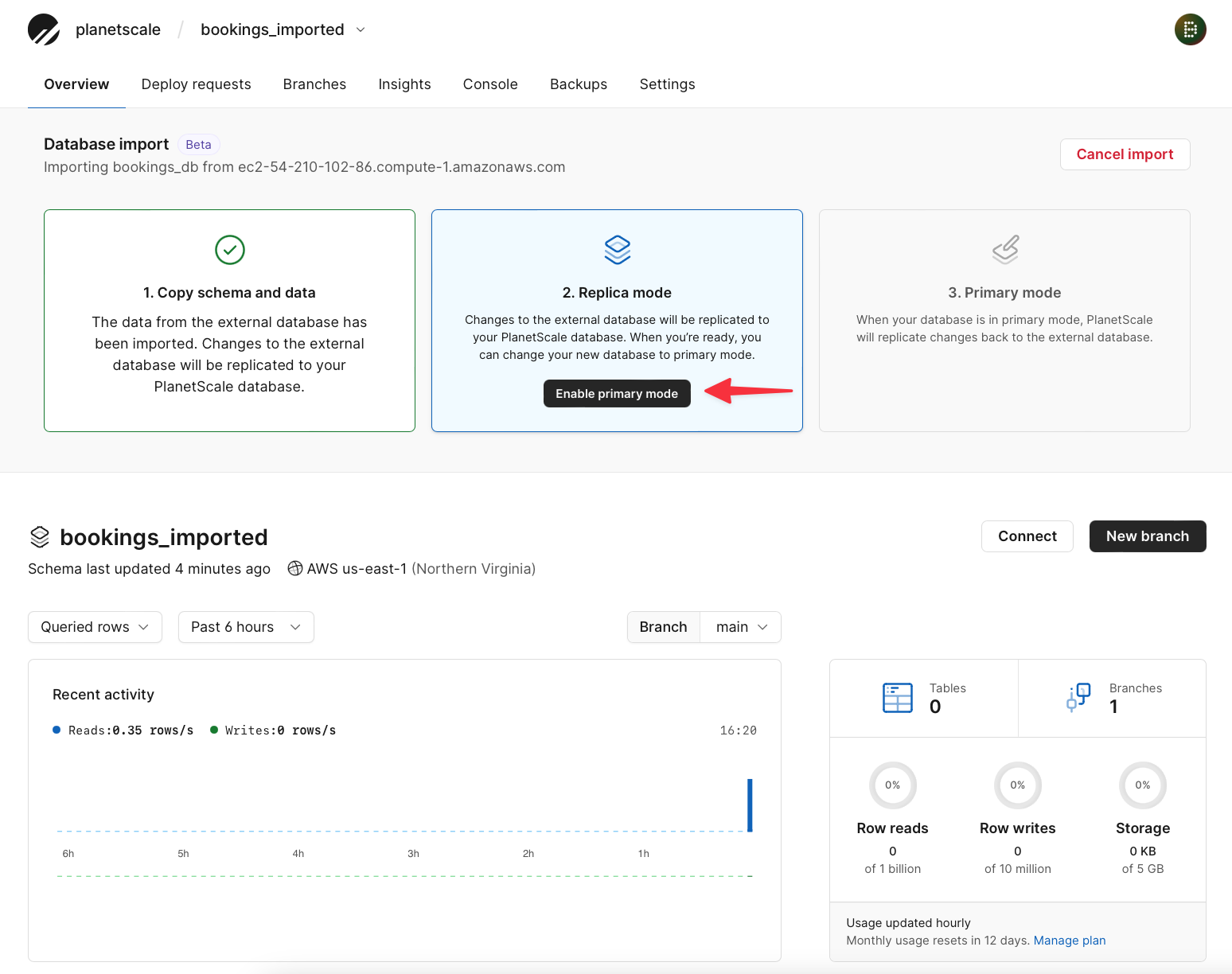 The enable primary mode button in the database import view. {priority}
