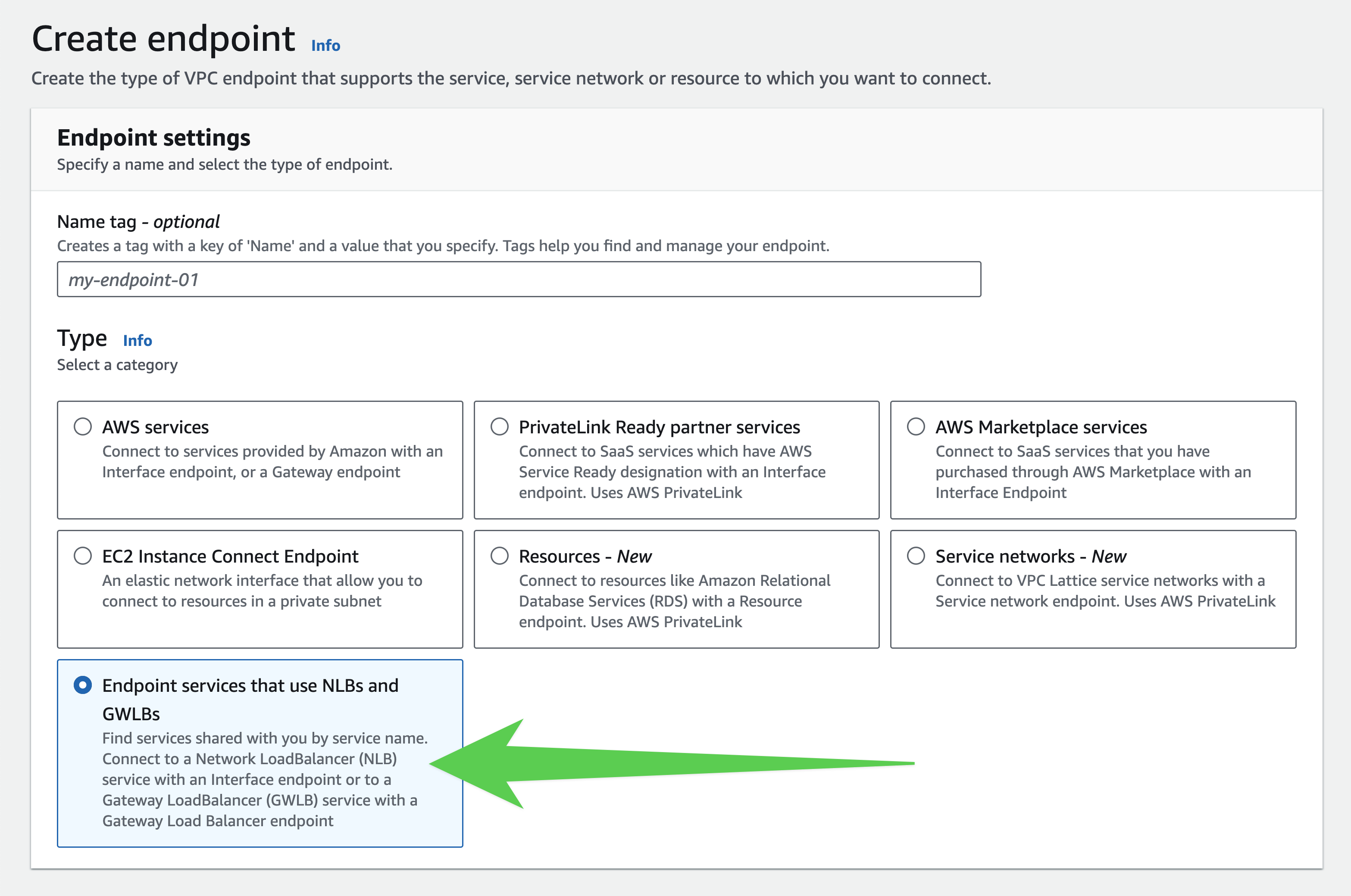 Menu to select endpoint type