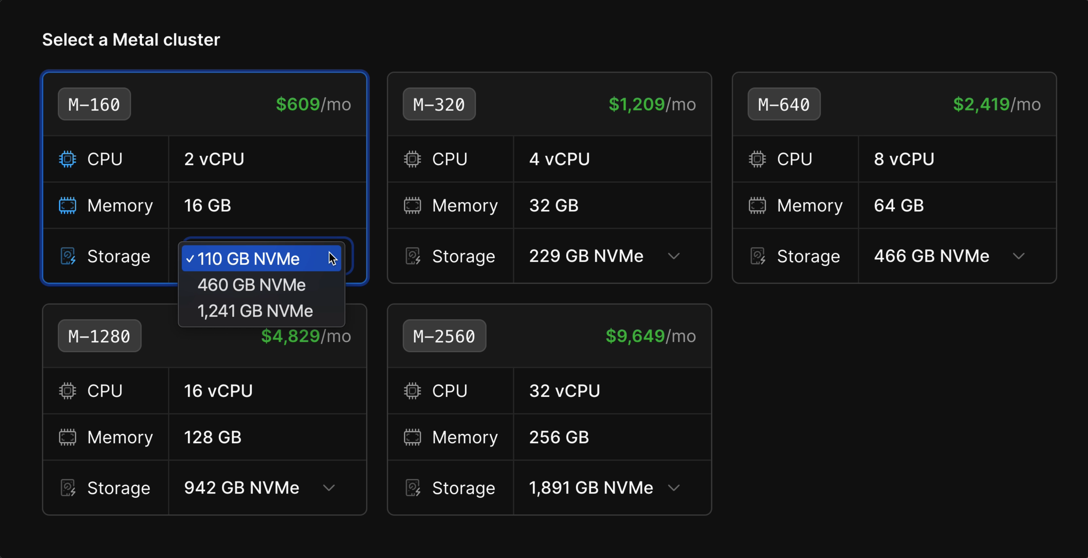 Select storage drive size for a Metal database