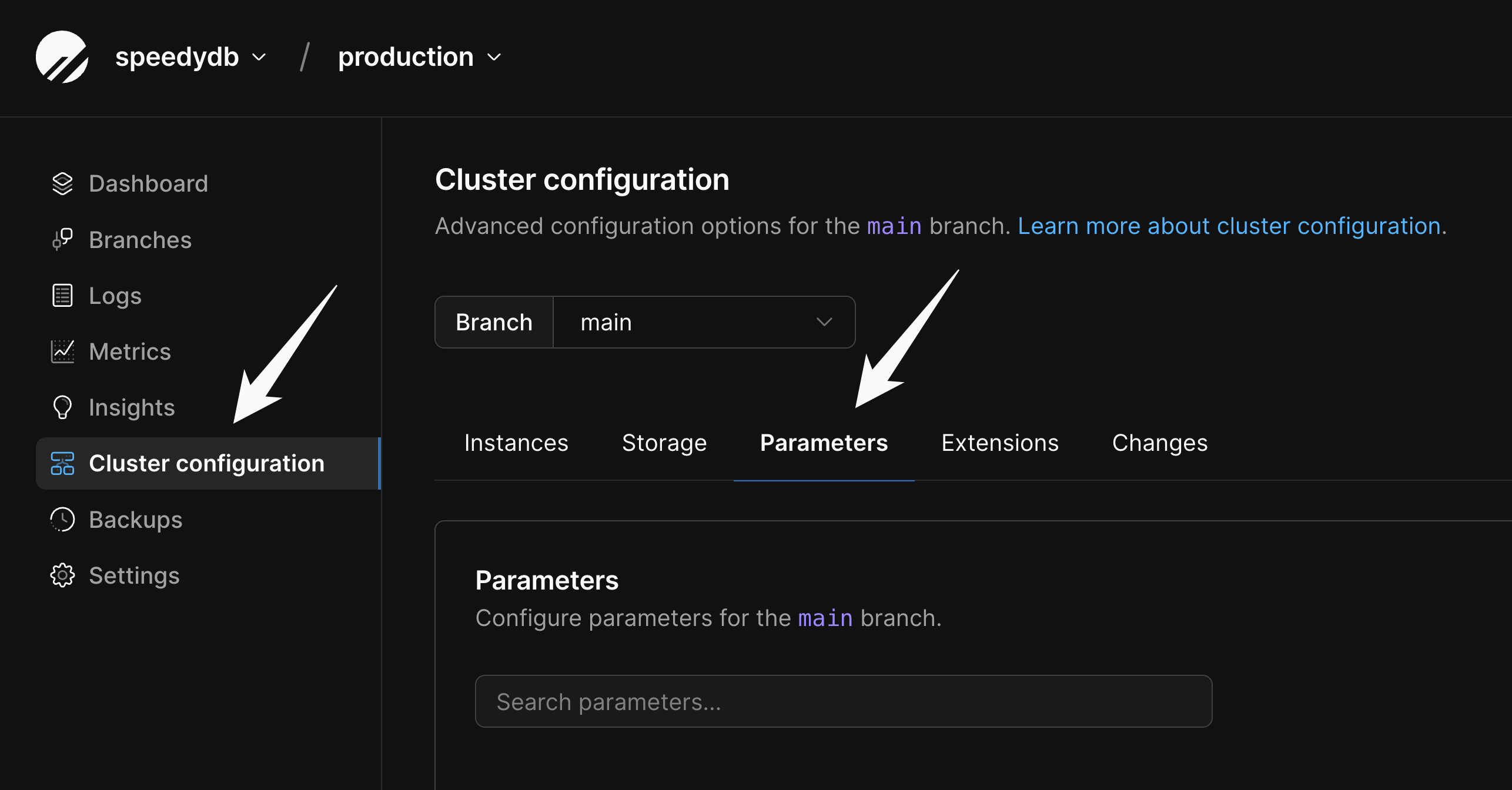 Navigate to the Cluster configuration Parameters page