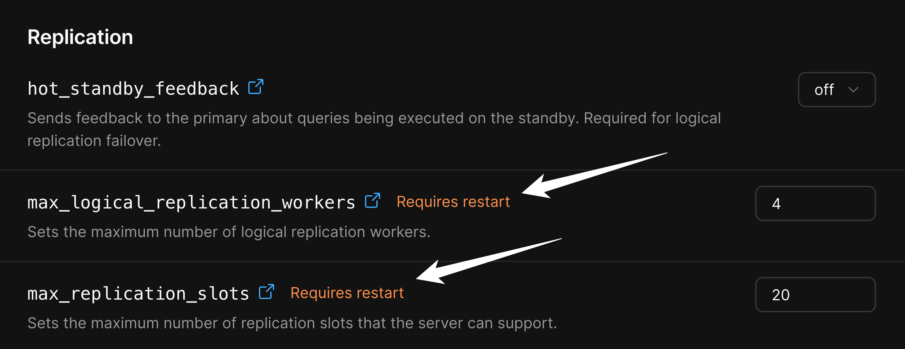 Parameters where Postgres restart is required