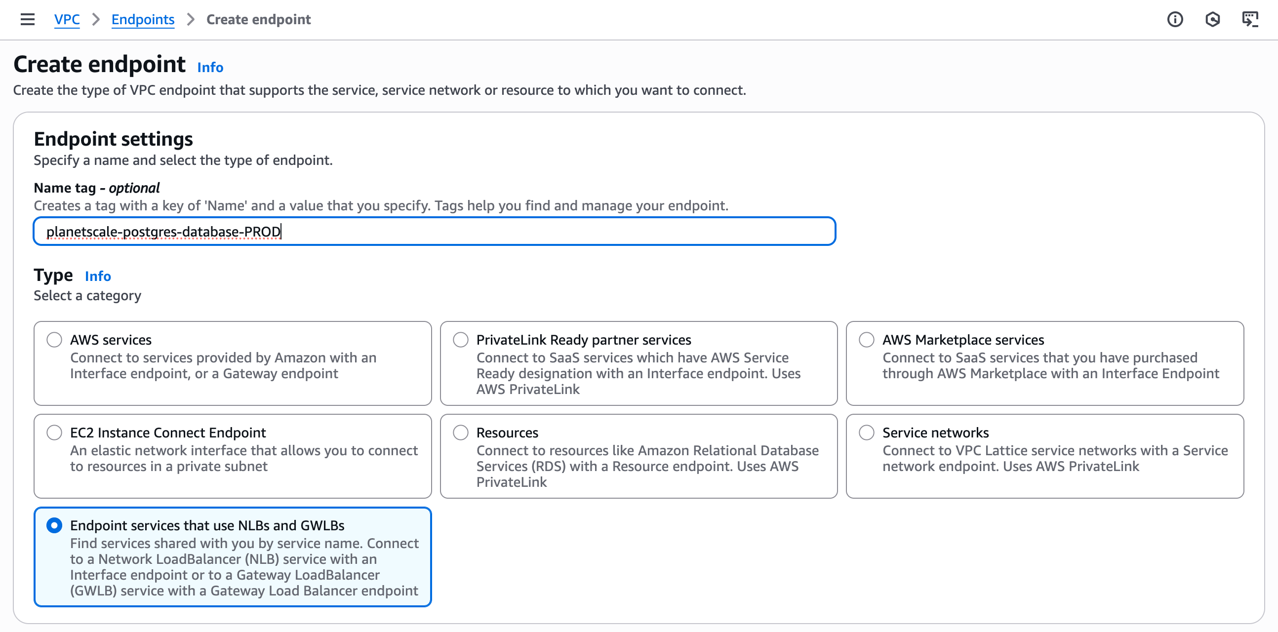 Menu to select endpoint type