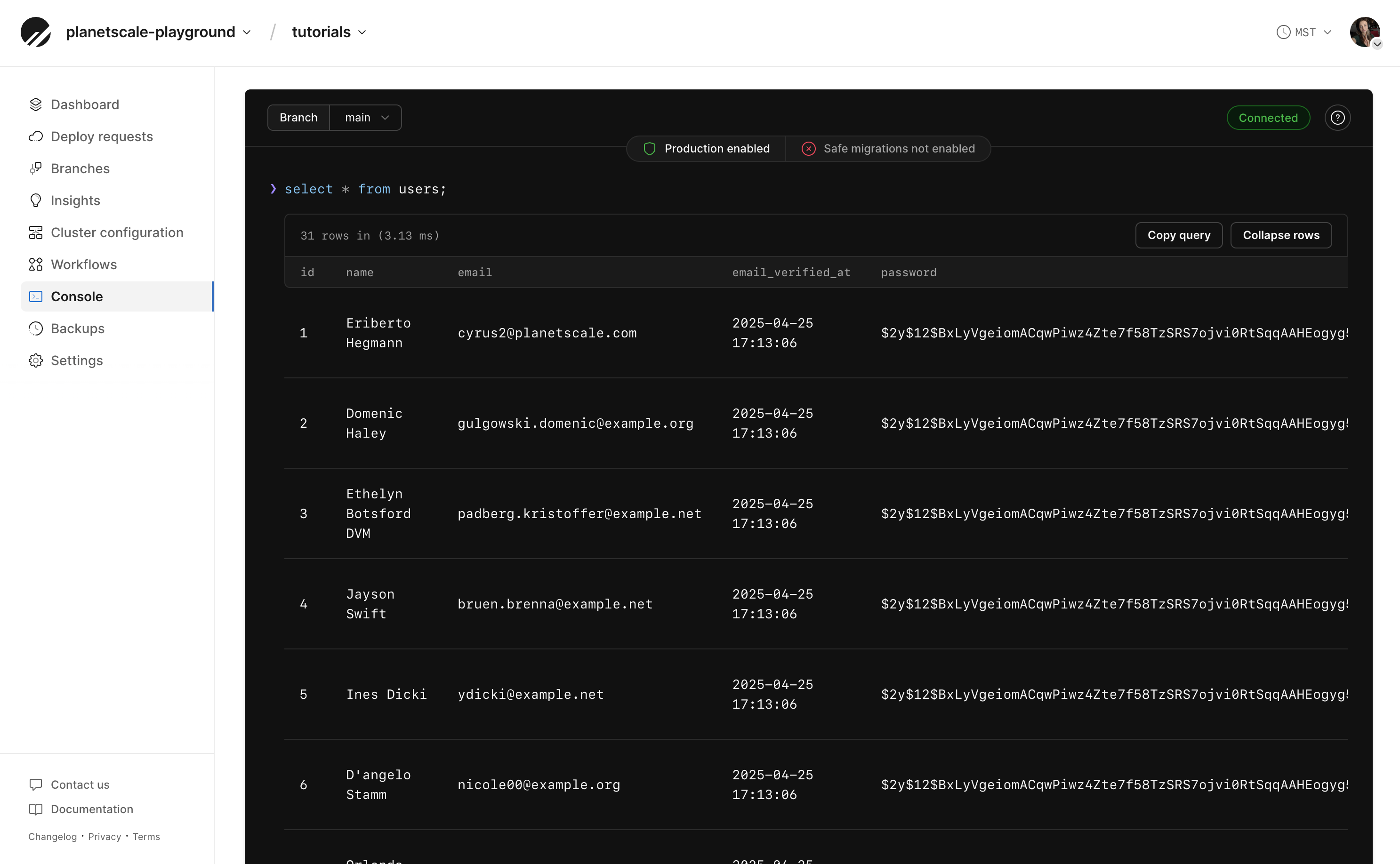 PlanetScale web console