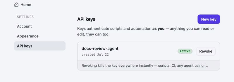 Workspaces API key settings showing docs-review-agent as active, with New key and Revoke controls.