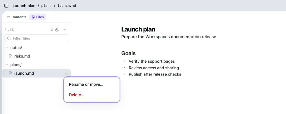 Workspaces file tree with notes/risks.md and plans/launch.md, plus the Rename or move and Delete actions for launch.md.