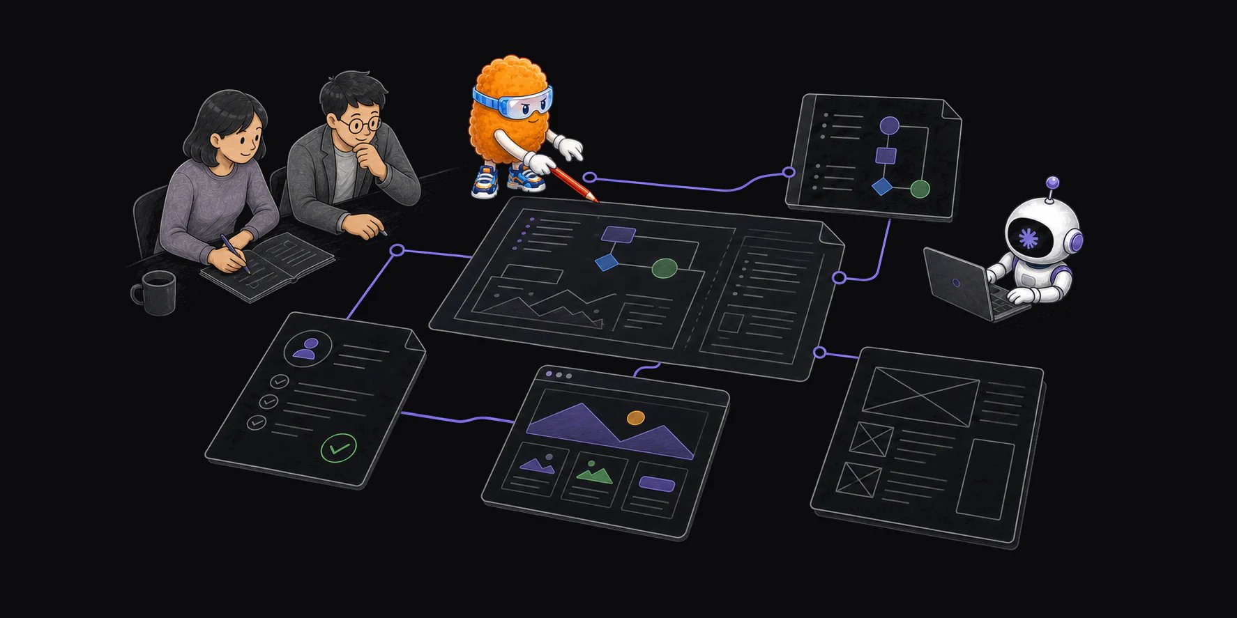 Two teammates, Totman, and a coding agent share a main plan connected to a specification, decision record, HTML diagram, and wireframe.