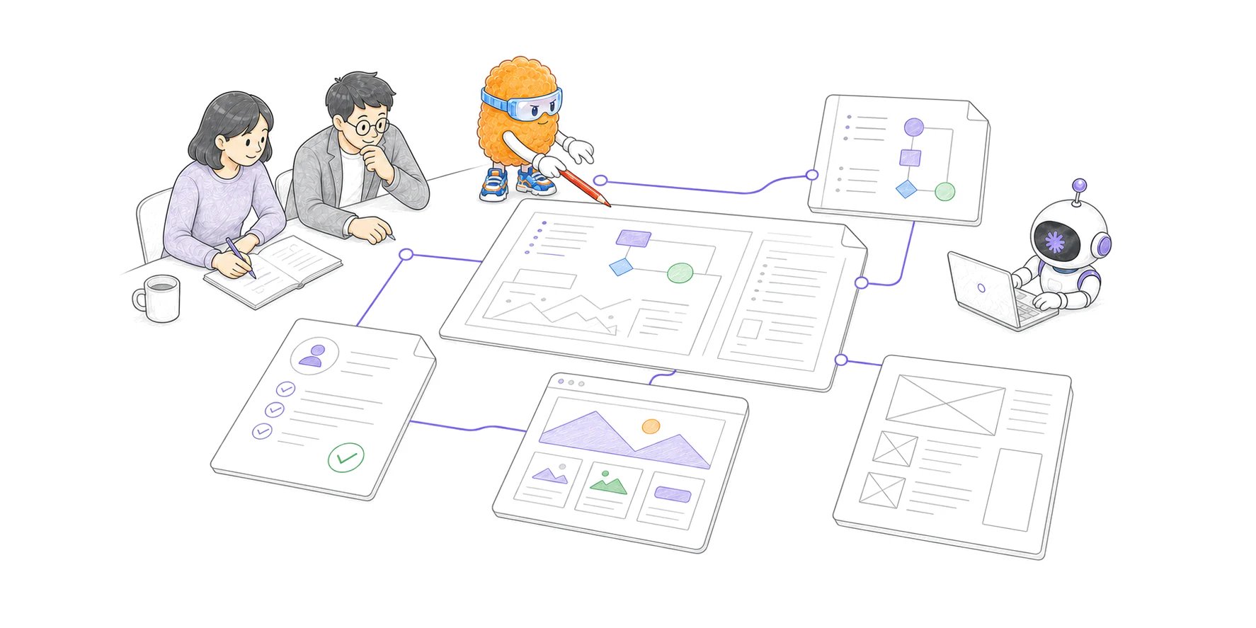 Two teammates, Totman, and a coding agent share a main plan connected to a specification, decision record, HTML diagram, and wireframe.