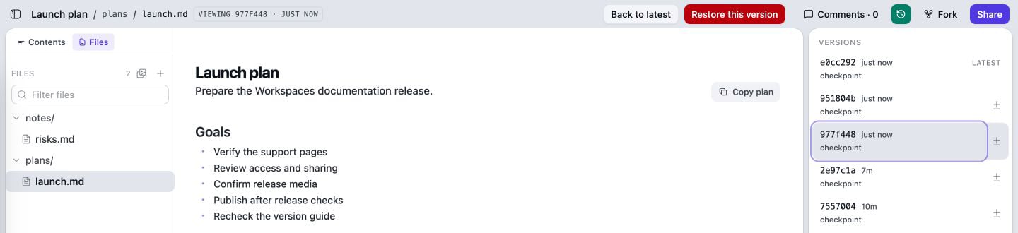 Workspaces document with an older save point selected, the Versions panel open, and Back to latest and Restore this version controls visible.
