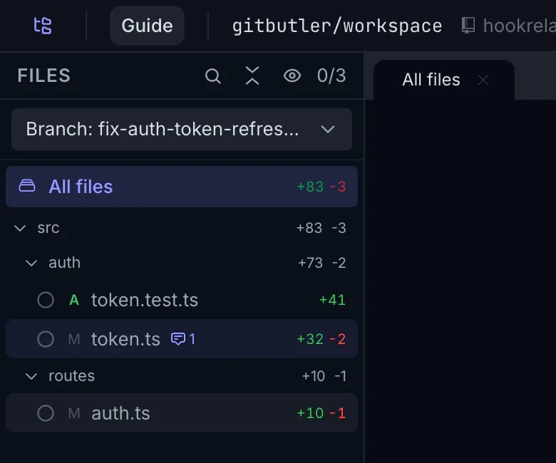 GitButler Branch view selector with an annotation badge on token.ts in the Plannotator file tree.