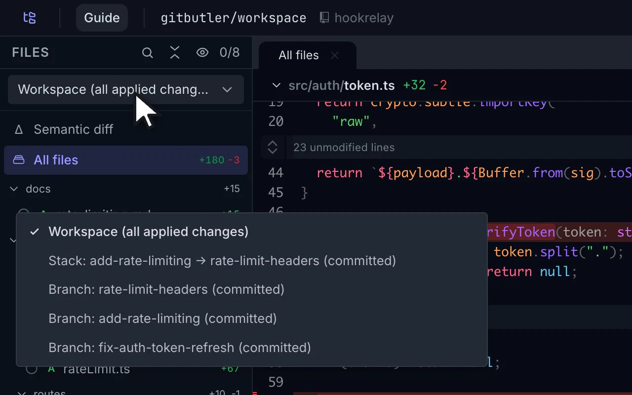 Plannotator comparison picker listing Workspace, Stack, and Branch views for an active GitButler workspace.