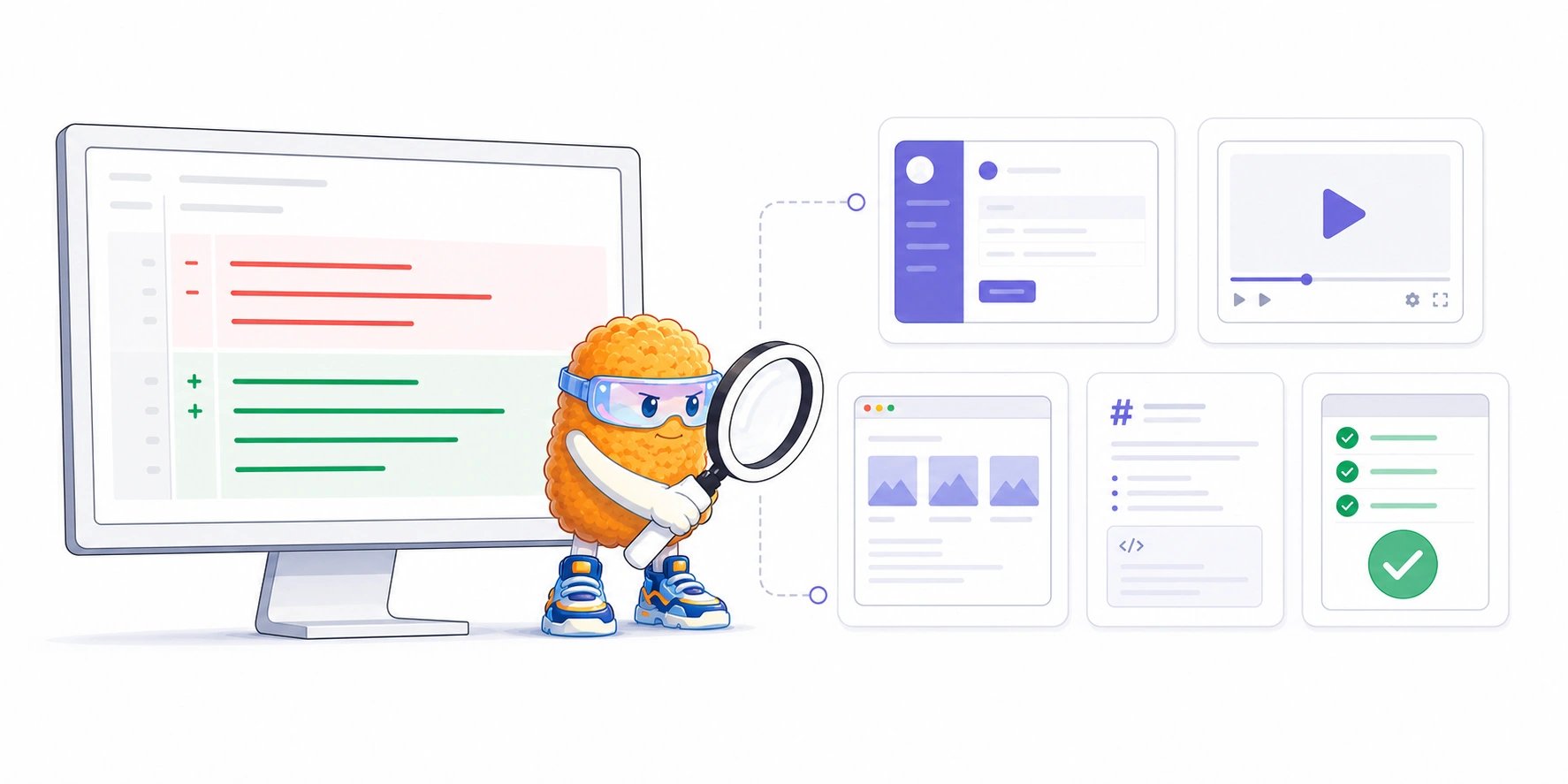 A reviewer compares a code diff with supporting screenshot, video, HTML, Markdown, and test-result artifacts.
