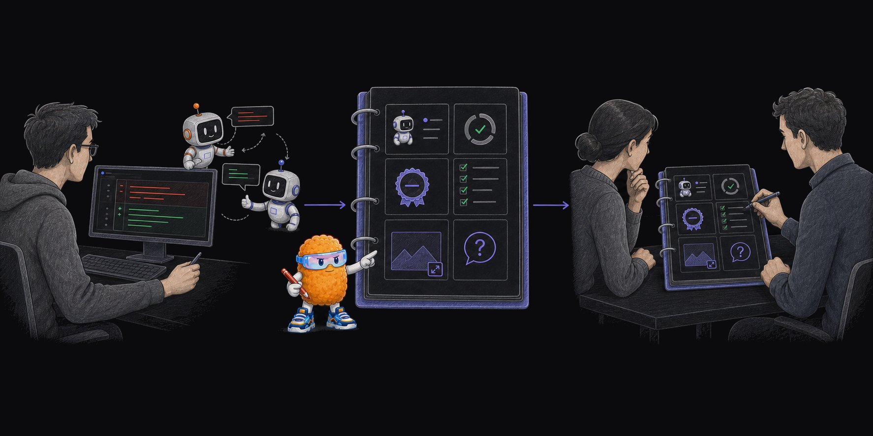A developer discusses a pull request with coding agents while a wider team reviews the exact revision, agent provenance, readiness state, validation evidence, and unresolved questions in one shared record.