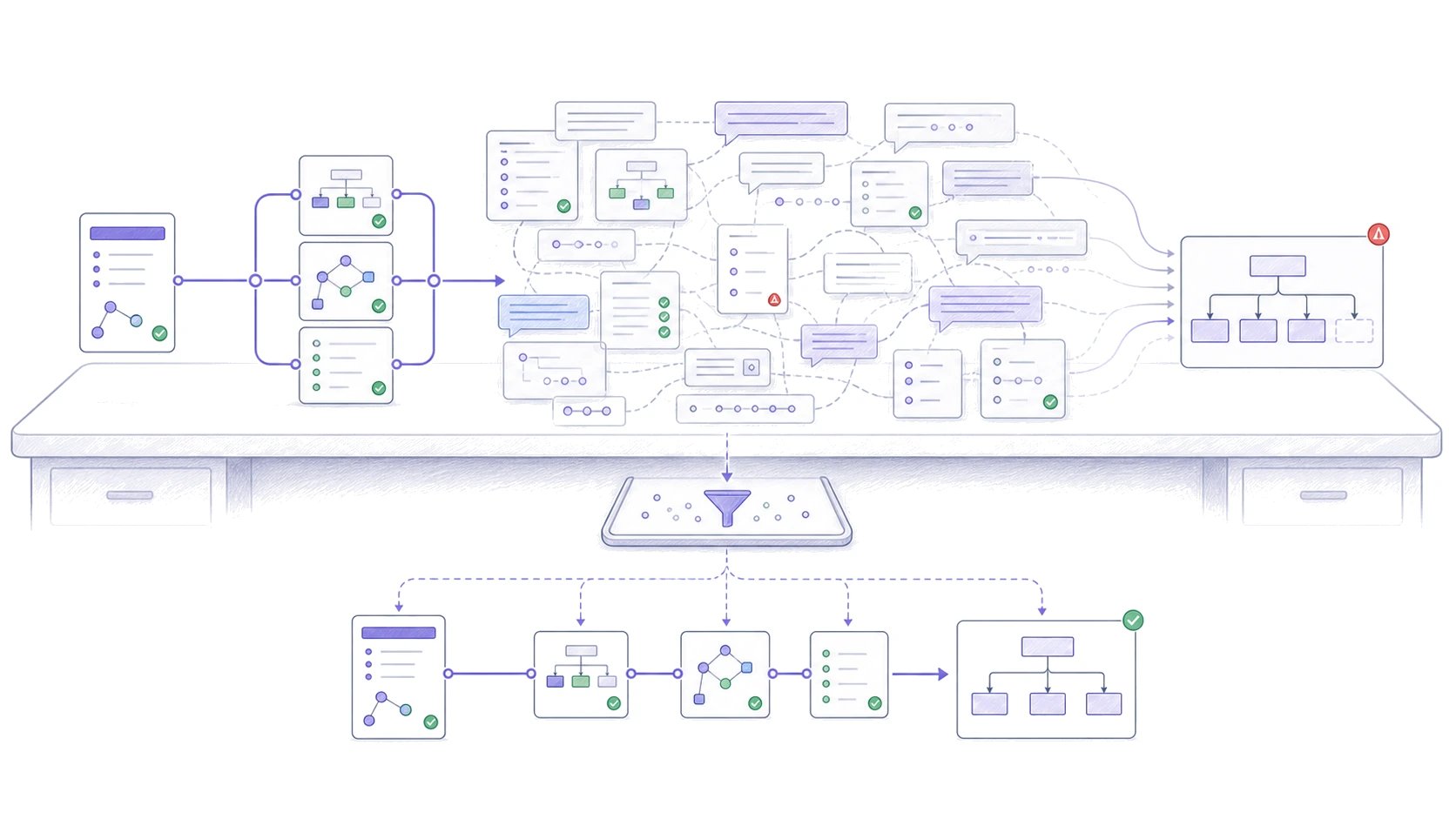 An AI agent's crowded working context is reduced to a focused set of relevant sources, current instructions, and a verified output.
