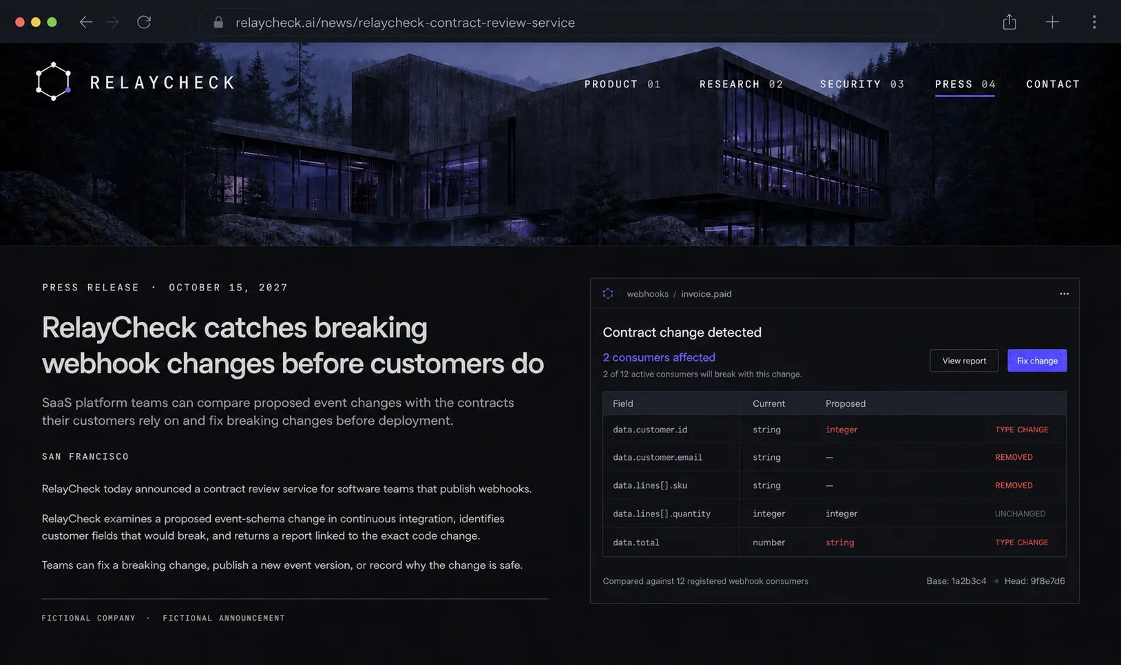 A fictional RelayCheck newsroom page presents a future press release about finding breaking webhook changes before deployment beside a contract-diff report.