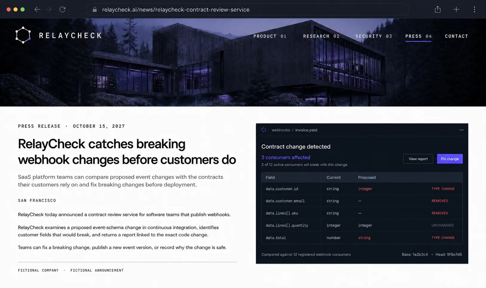 A fictional RelayCheck newsroom page presents a future press release about finding breaking webhook changes before deployment beside a contract-diff report.