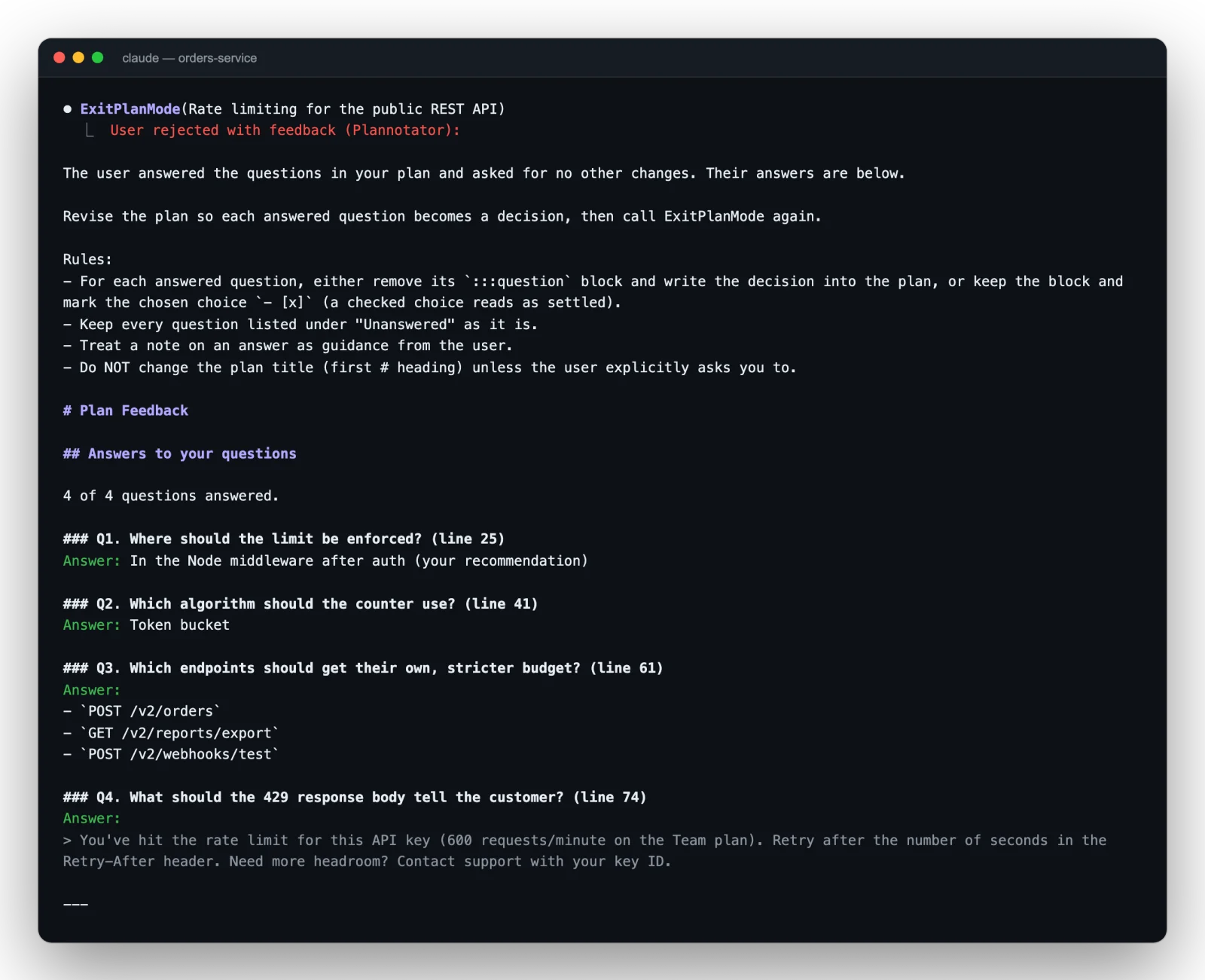 A Claude Code terminal showing the Plannotator feedback after Send answers: instructions to revise the plan, then Answers to your questions with four answered questions.