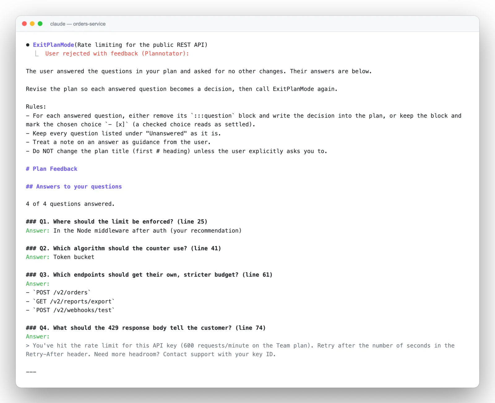 A Claude Code terminal showing the Plannotator feedback after Send answers: instructions to revise the plan, then Answers to your questions with four answered questions.
