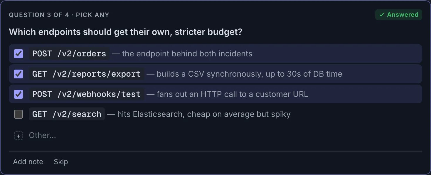 A multi-choice question card asking which endpoints get a stricter budget, with three endpoints checked.