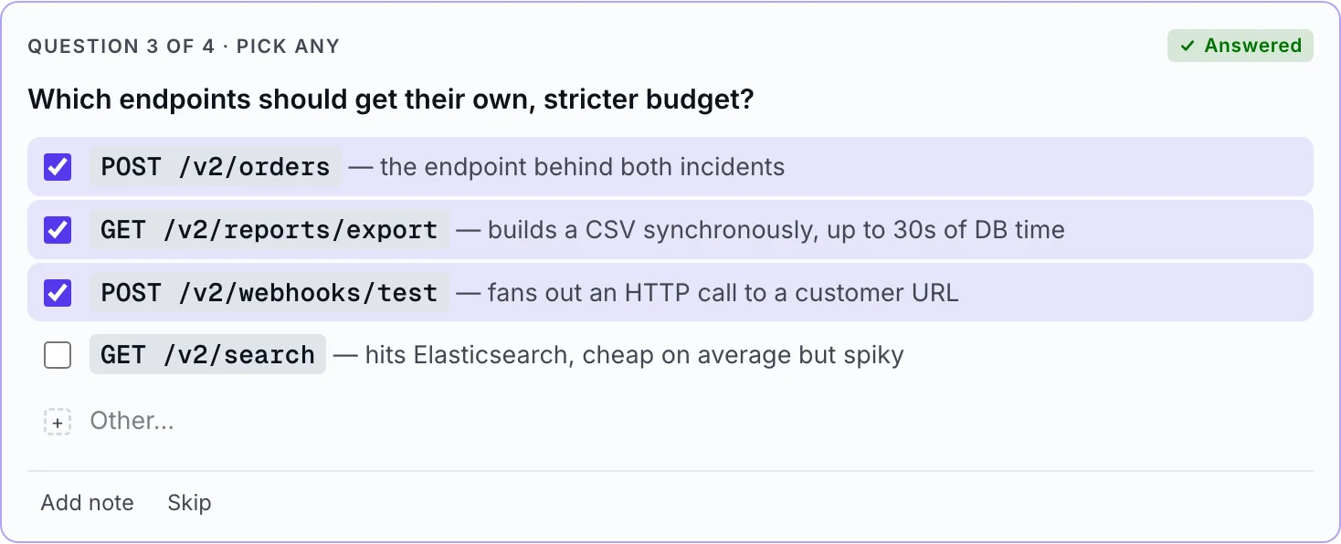 A multi-choice question card asking which endpoints get a stricter budget, with three endpoints checked.