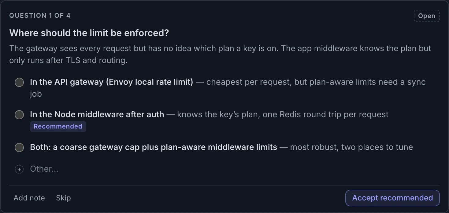 An open single-choice question card, Question 1 of 4, with three choices, a Recommended tag on one, an Other option, and Add note, Skip, and Accept recommended buttons.