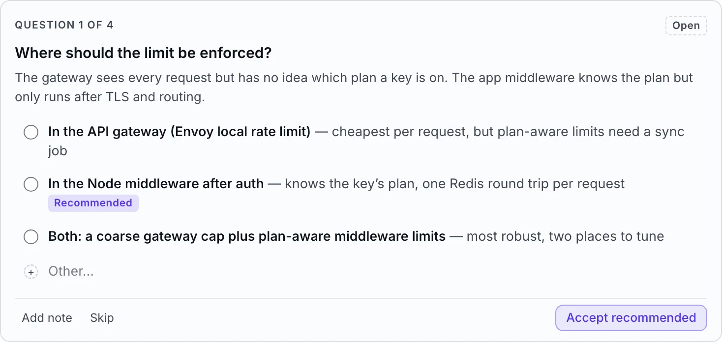 An open single-choice question card, Question 1 of 4, with three choices, a Recommended tag on one, an Other option, and Add note, Skip, and Accept recommended buttons.
