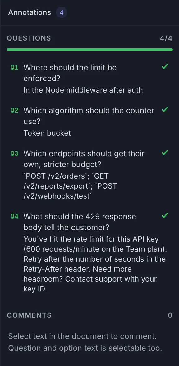 The annotations panel with a Questions section at 4/4, each question listed with its answer, above an empty Comments section.