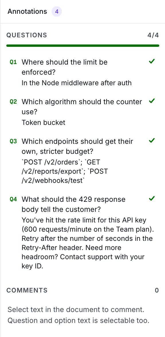 The annotations panel with a Questions section at 4/4, each question listed with its answer, above an empty Comments section.