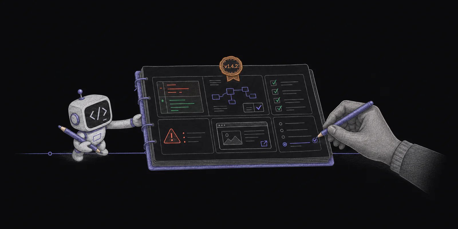 An AI coding agent hands a team one versioned evidence folio containing the code diff, decision context, validation, risks, review artifact, and follow-up work.