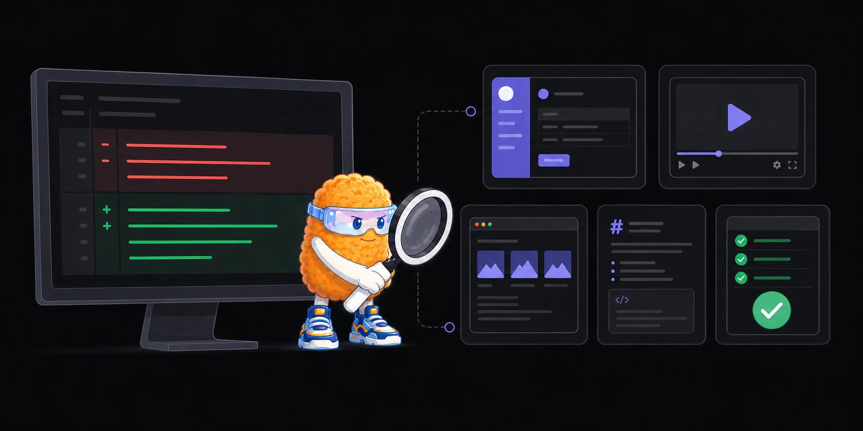A reviewer compares a code diff with supporting screenshot, video, HTML, Markdown, and test-result artifacts.