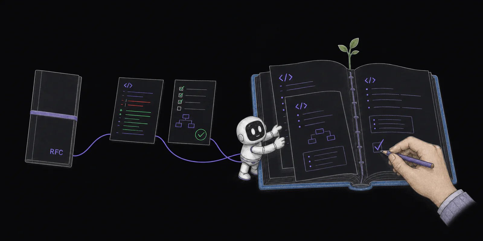 An AI coding agent and a human reviewer update a living codebase handbook from the current code diff and validation while preserving an earlier RFC as history.