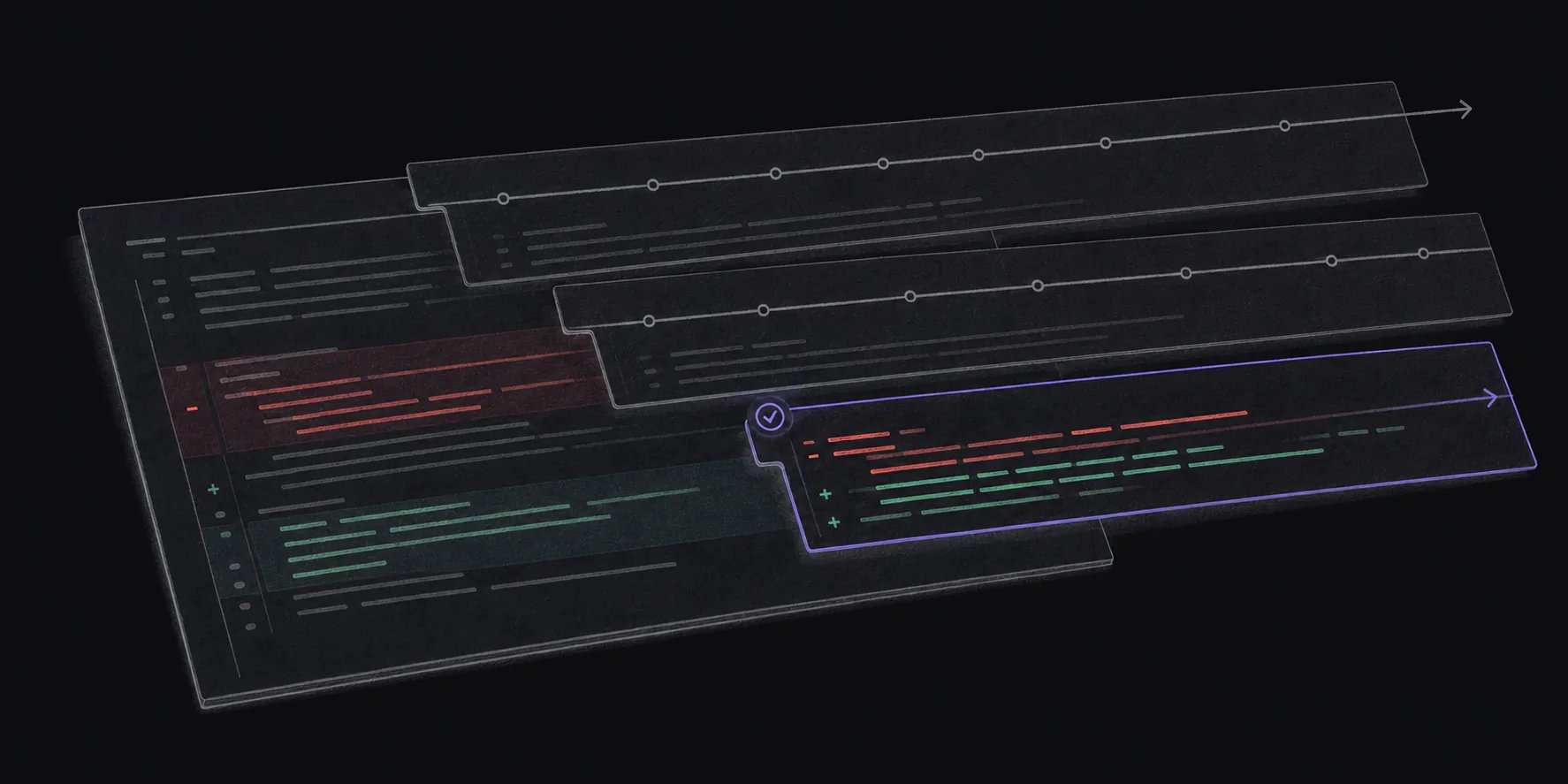 Three translucent Git comparison baselines overlay the same pull request, with the reviewer's last checkpoint highlighted in violet through the current head.