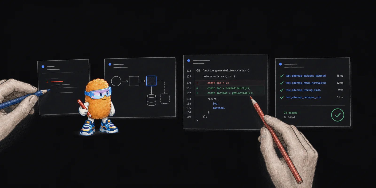 Two teammates and the Plannotator mascot trace one AI-generated change from its request and system behavior through the code diff to passing validation evidence.