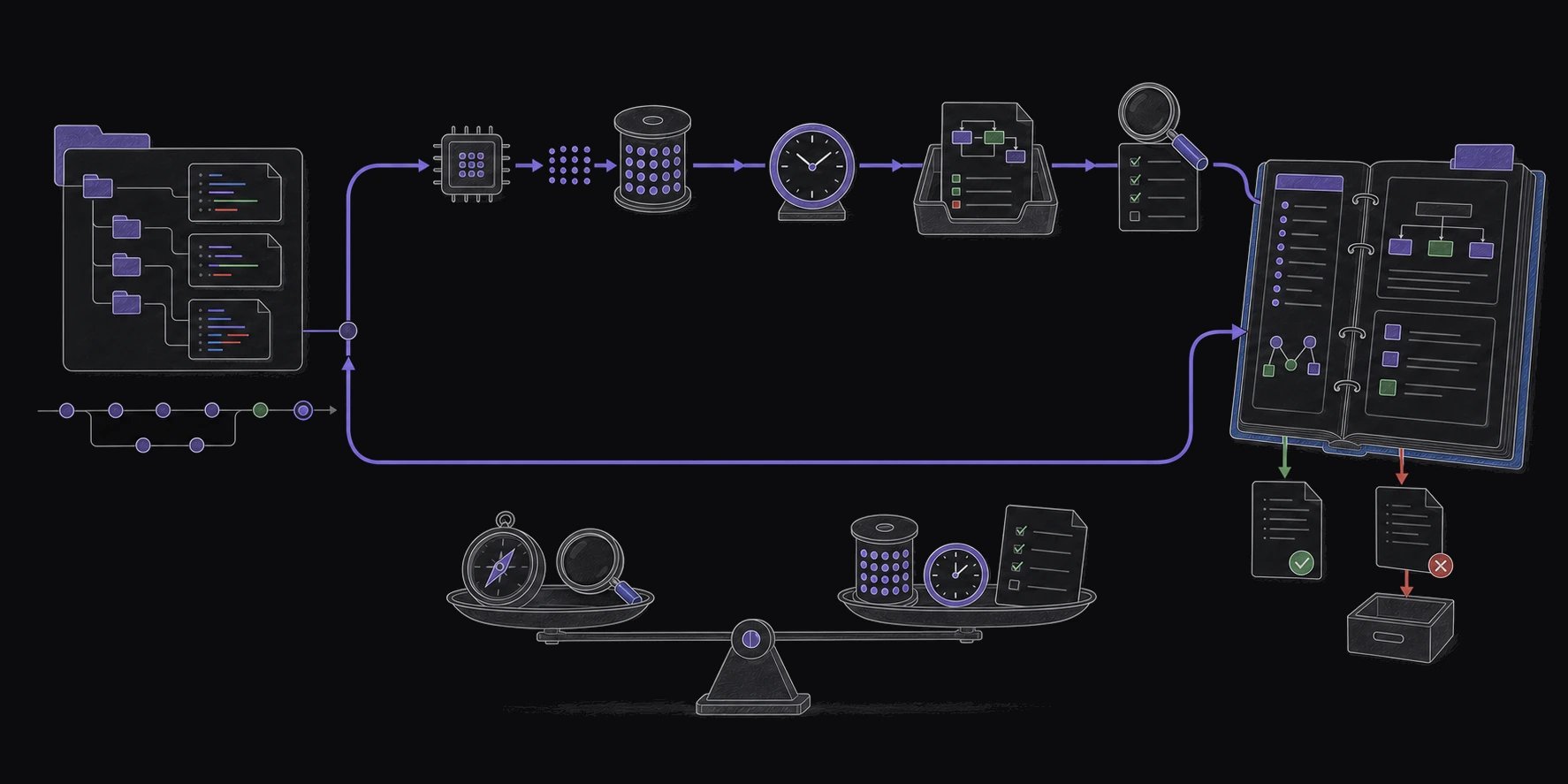 A recurring loop turns repository changes into reviewed wiki updates through model inference, scheduled CI, pull requests, and review, balanced against the exploration time it saves.