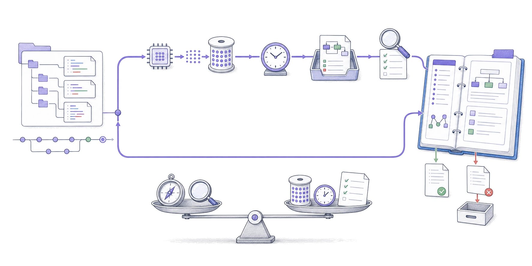 A recurring loop turns repository changes into reviewed wiki updates through model inference, scheduled CI, pull requests, and review, balanced against the exploration time it saves.