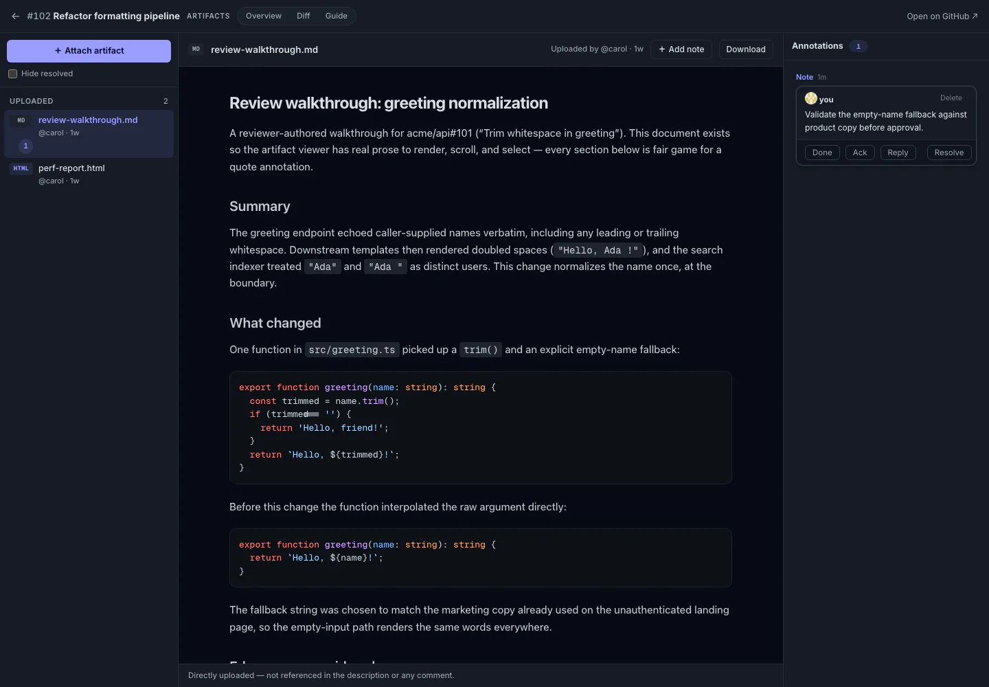 Plannotator Review showing a Markdown review artifact selected beside its uploaded artifact list and an annotation about validating product behavior.