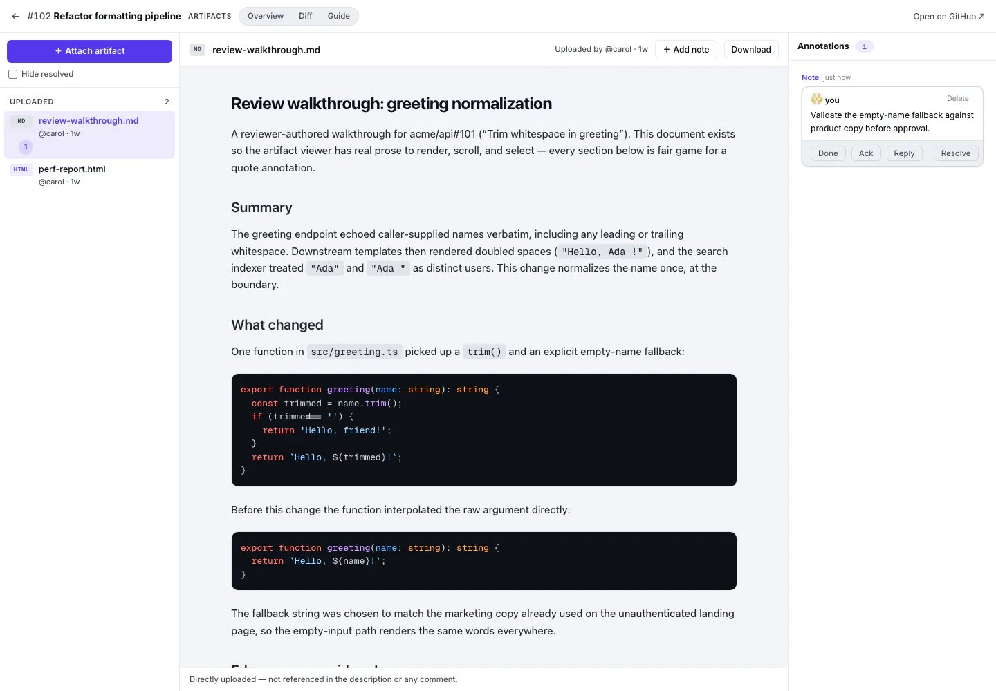 Plannotator Review showing a Markdown review artifact selected beside its uploaded artifact list and an annotation about validating product behavior.
