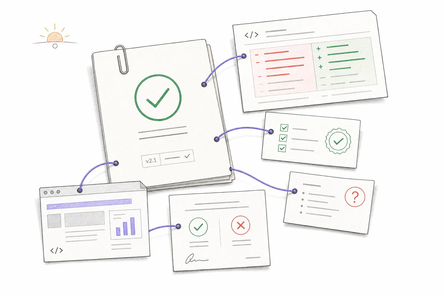 An approved goal packet connected to a code diff, validation receipt, interface evidence, open question, and a final human decision sheet for morning review.
