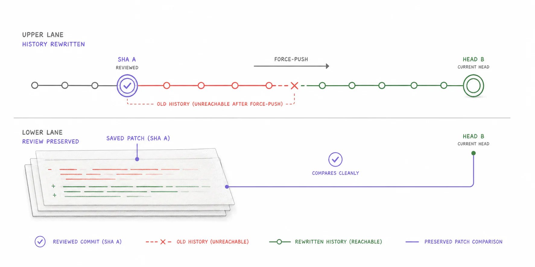 A two-lane Git diagram where a force-push makes a reviewed commit unreachable while a preserved patch still compares cleanly with the current head.