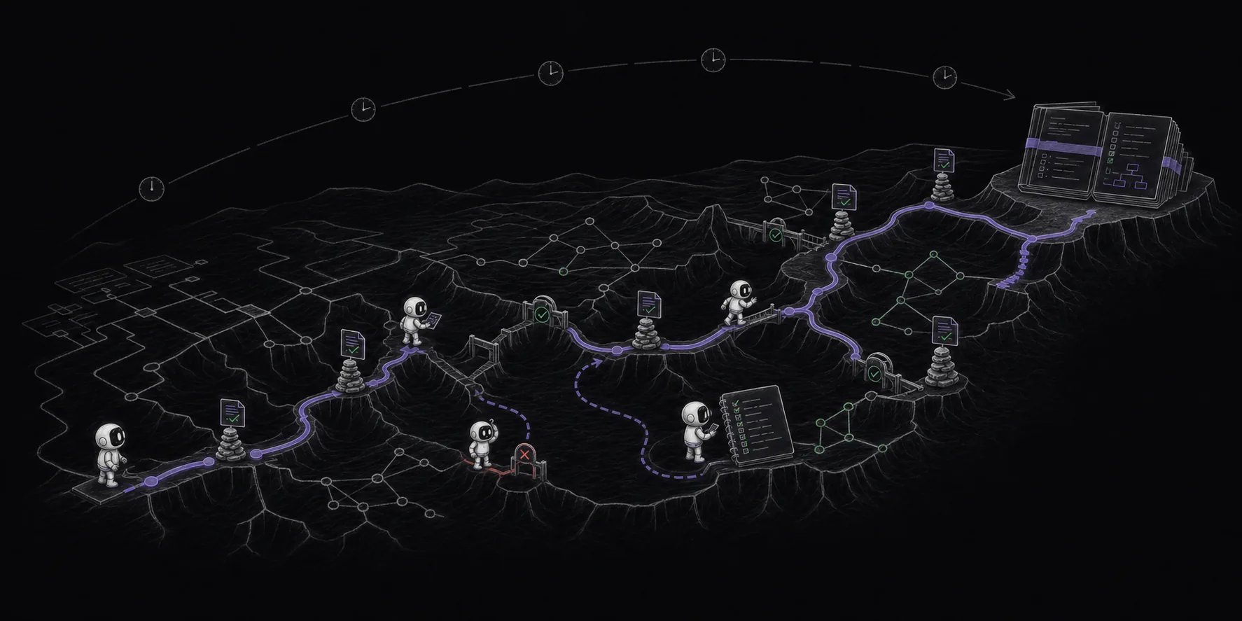The same AI agent follows one long route across a coupled technical landscape, preserving checkpoints, recovering from a dead end, and assembling a verified review packet.