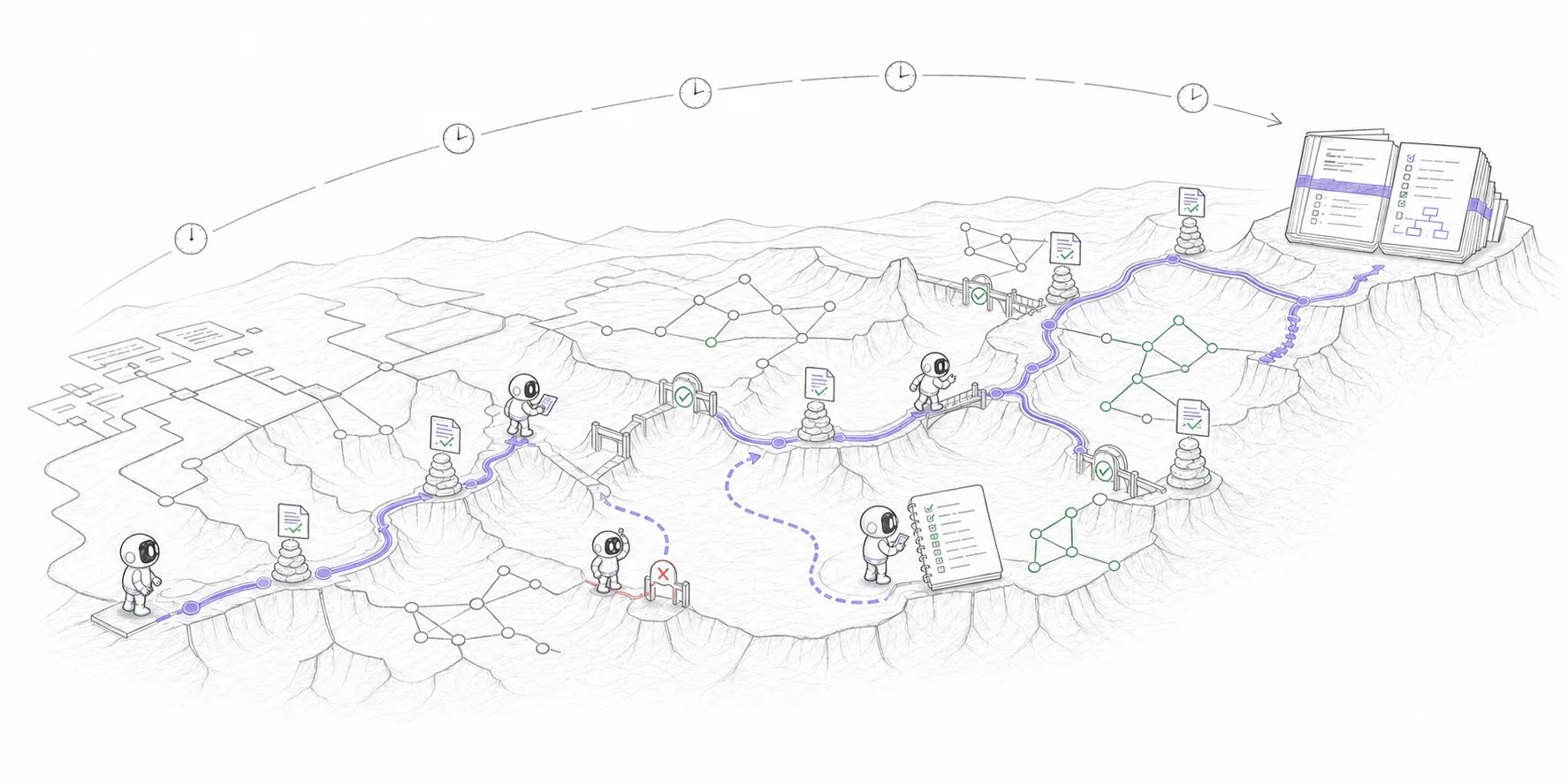 The same AI agent follows one long route across a coupled technical landscape, preserving checkpoints, recovering from a dead end, and assembling a verified review packet.