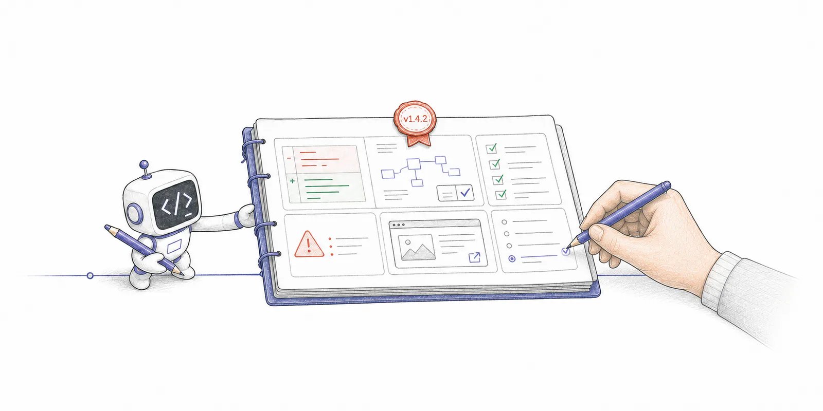 An AI coding agent hands a team one versioned evidence folio containing the code diff, decision context, validation, risks, review artifact, and follow-up work.