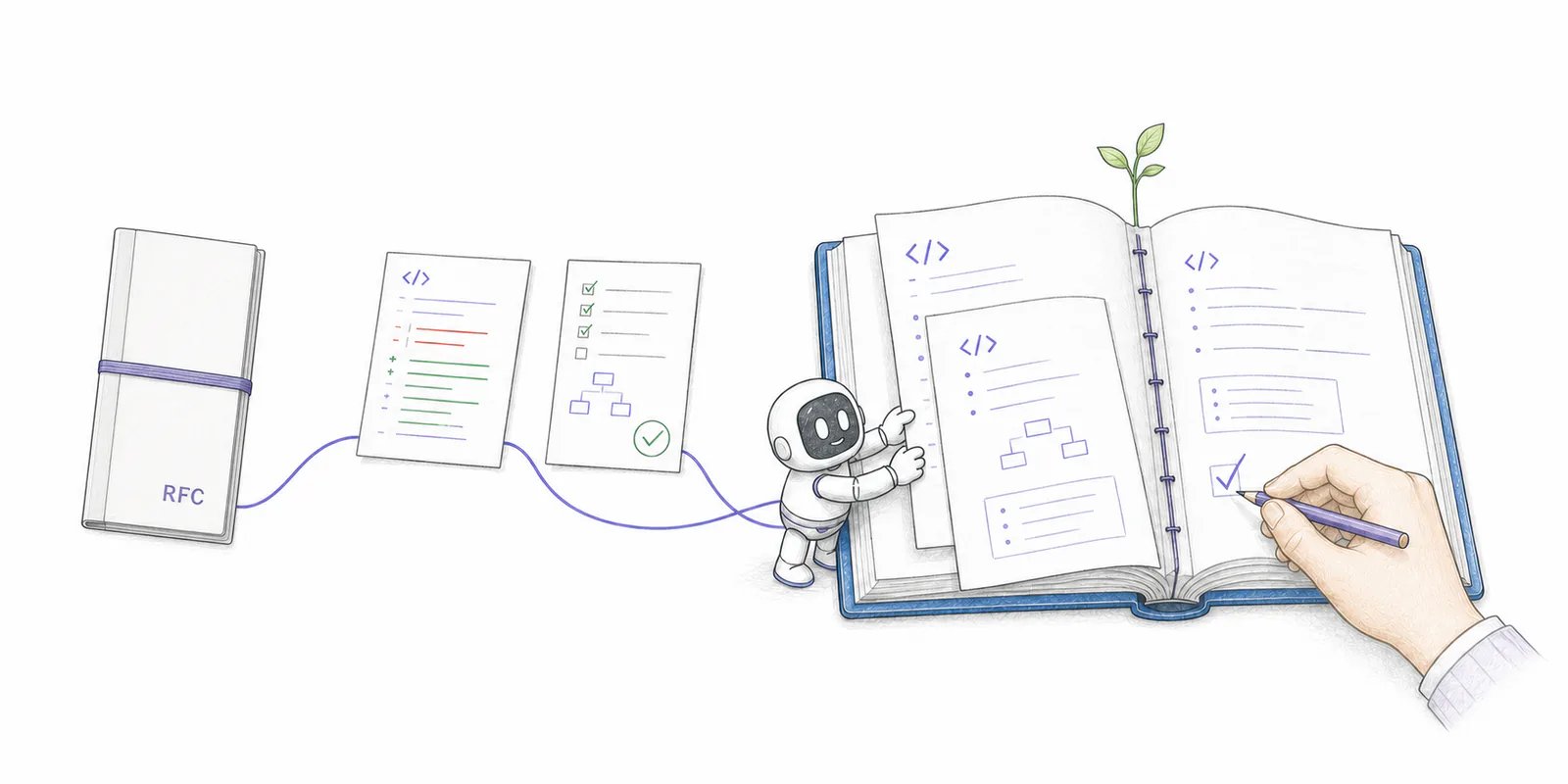 An AI coding agent and a human reviewer update a living codebase handbook from the current code diff and validation while preserving an earlier RFC as history.