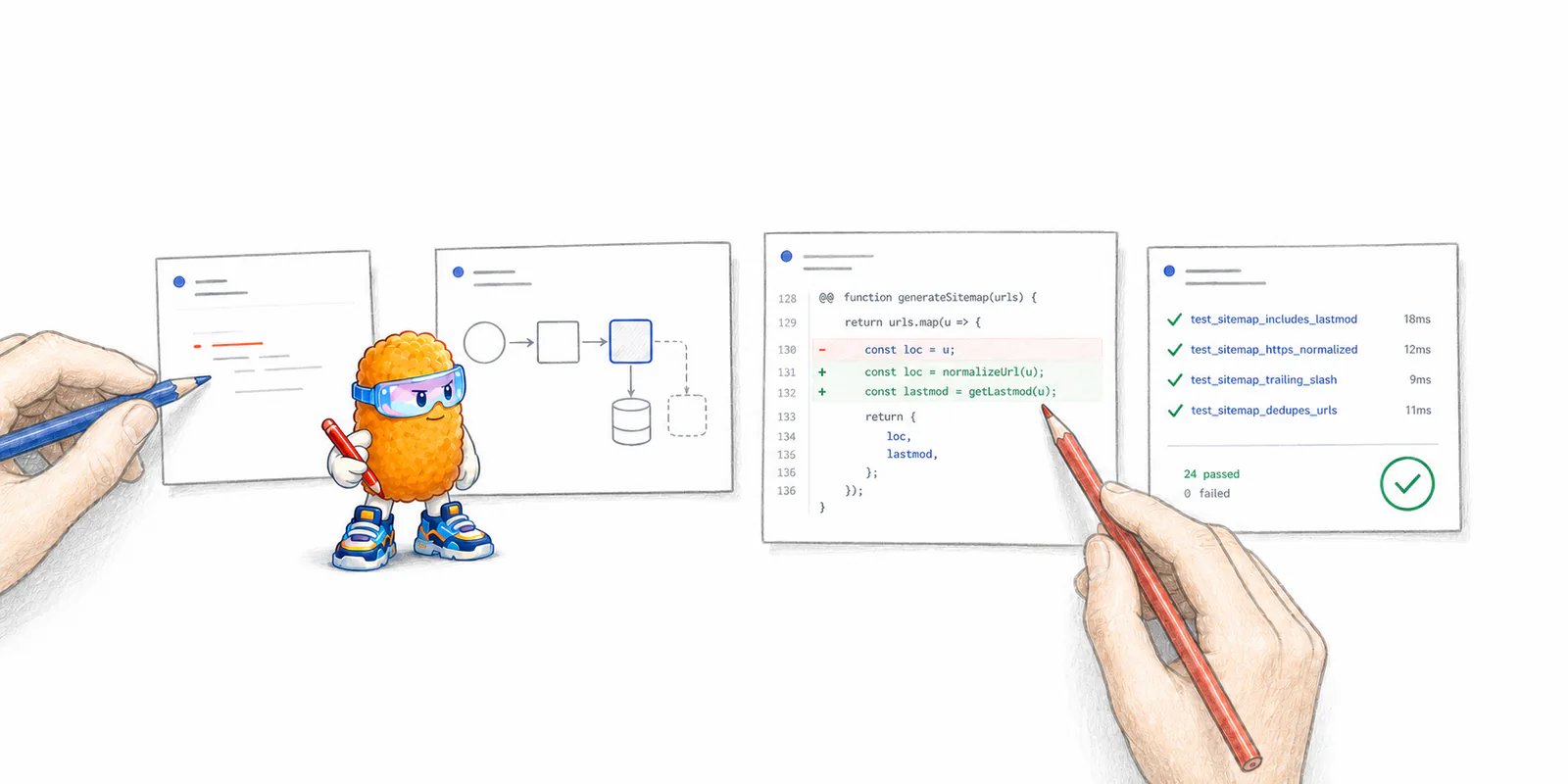 Two teammates and the Plannotator mascot trace one AI-generated change from its request and system behavior through the code diff to passing validation evidence.