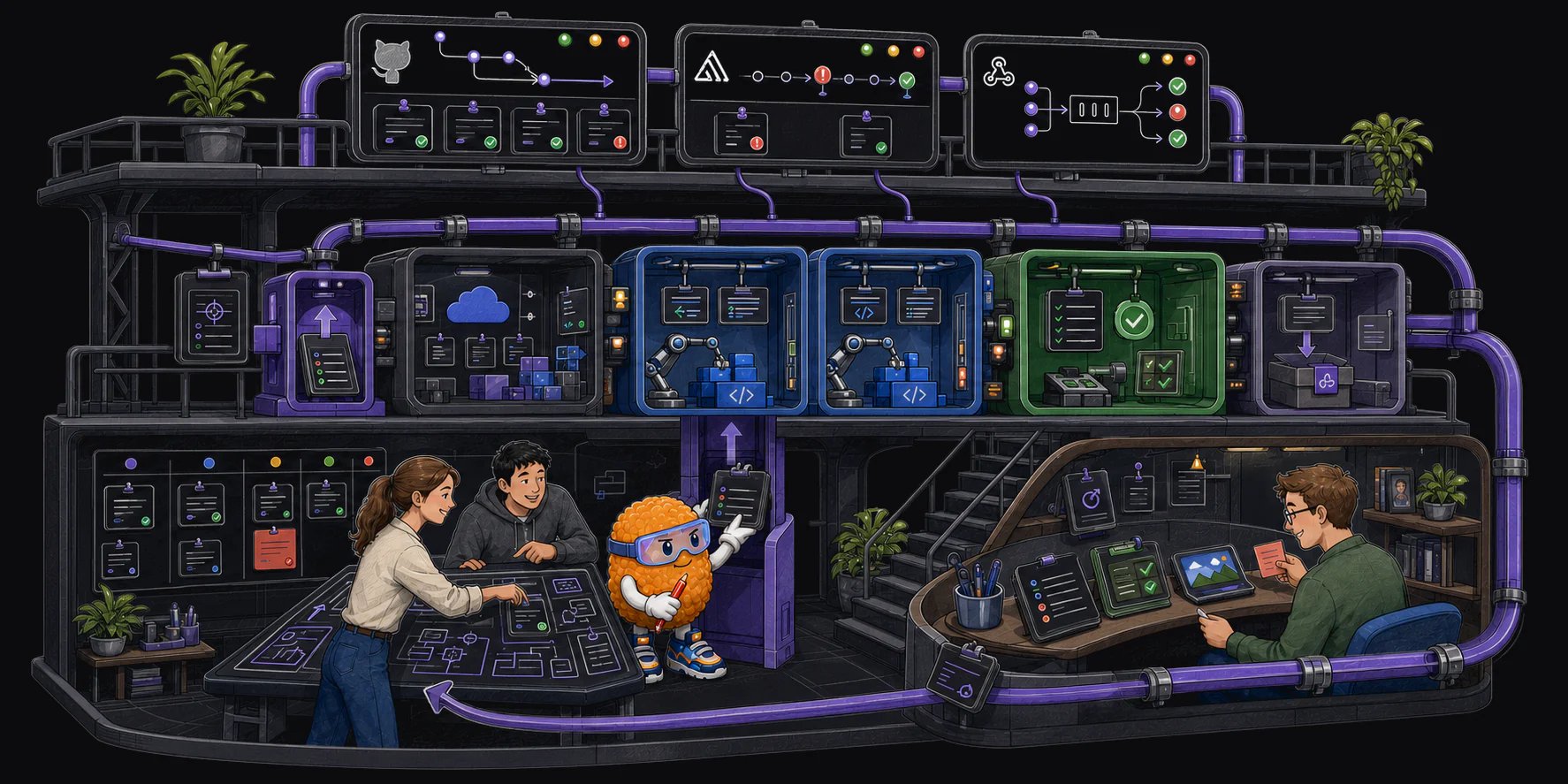 Two teammates and Totman plan a feature in a two-level software factory while agent work cells build and test it, GitHub, Sentry, and event monitors return signals, and a third teammate reviews evidence before release.