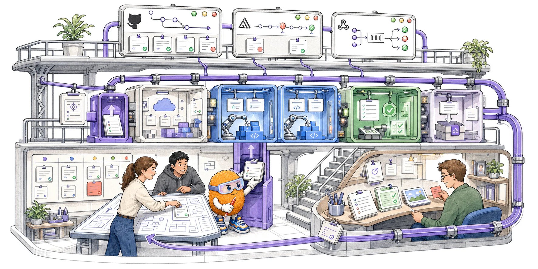 Two teammates and Totman plan a feature in a two-level software factory while agent work cells build and test it, GitHub, Sentry, and event monitors return signals, and a third teammate reviews evidence before release.
